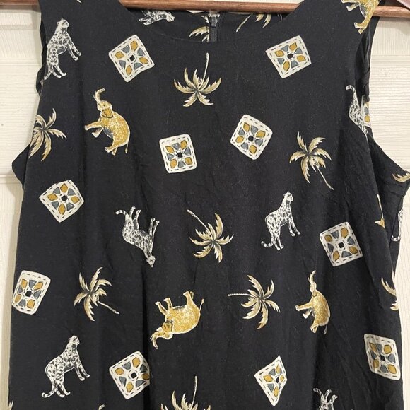 Vintage Womens Black Sleeveless Slit Elephant Palm Tree Leopard Midi Dress Small - Picture 6 of 7